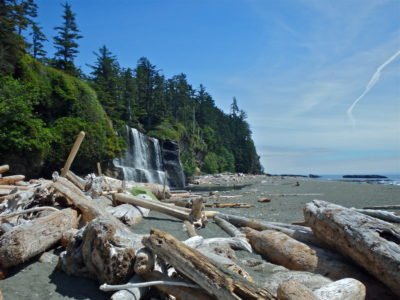 A Waterfall On A Beach With Logs In The Foreground. Part Of The West Coast Trail.