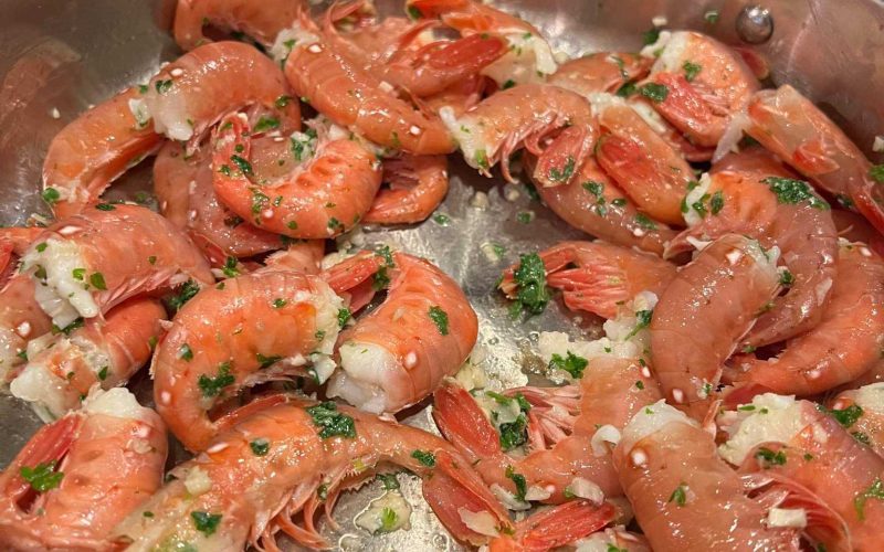 Canadian spot prawns cooked in garlic and white wine