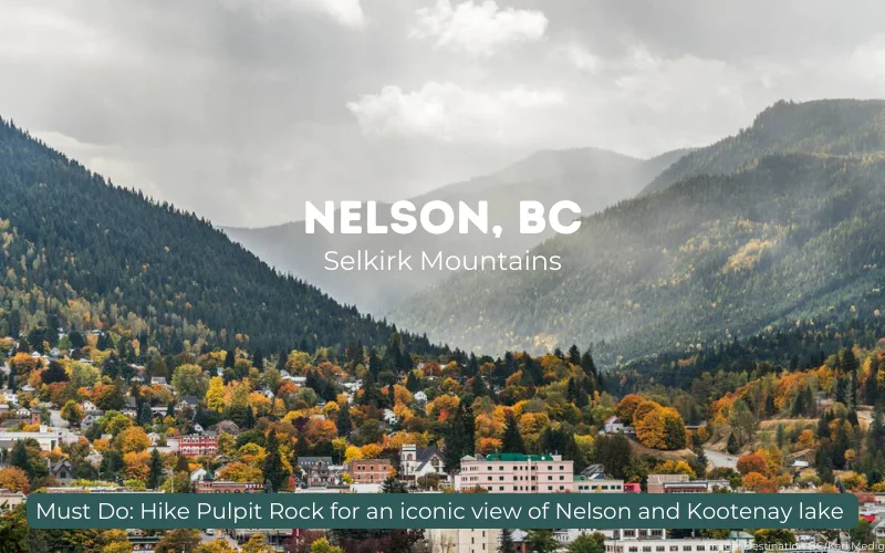 Nelson, BC in the Kootenay Rockies during fall. Text overlaid: Nelson, BC: Selkirk Mountains. Must Do: Hike Pulpit Rock for an iconic view of Nelson and Kootenay Lake