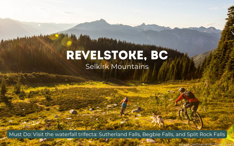 Image of mountain bikers and dogs in Revelstoke, BC, in the Kootenay Rockies. Text overlaid: Must do: visit the waterfall trifecta: Sutherland Falls, Begbie Falls, and Split Rock Falls